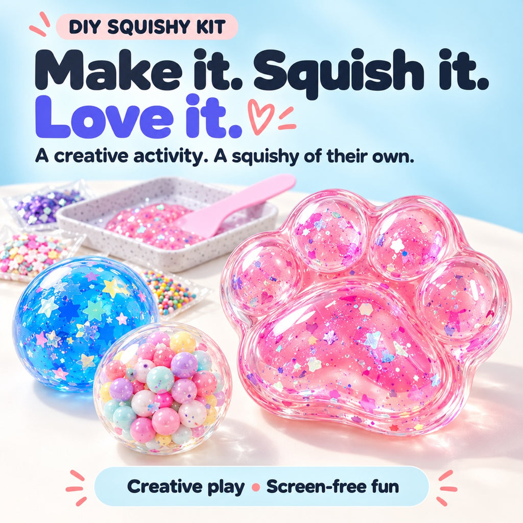 DIY Squishy Kit with pink paw squishy, blue star ball and pastel bead ball, plus slime mixing tray.