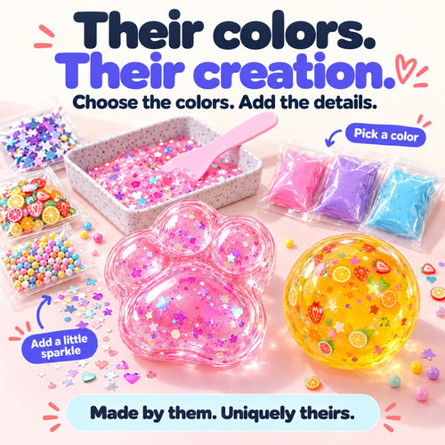 Pink paw and yellow fruit-filled squishy beside colorful slime sachets, sparkles and mixing tray.