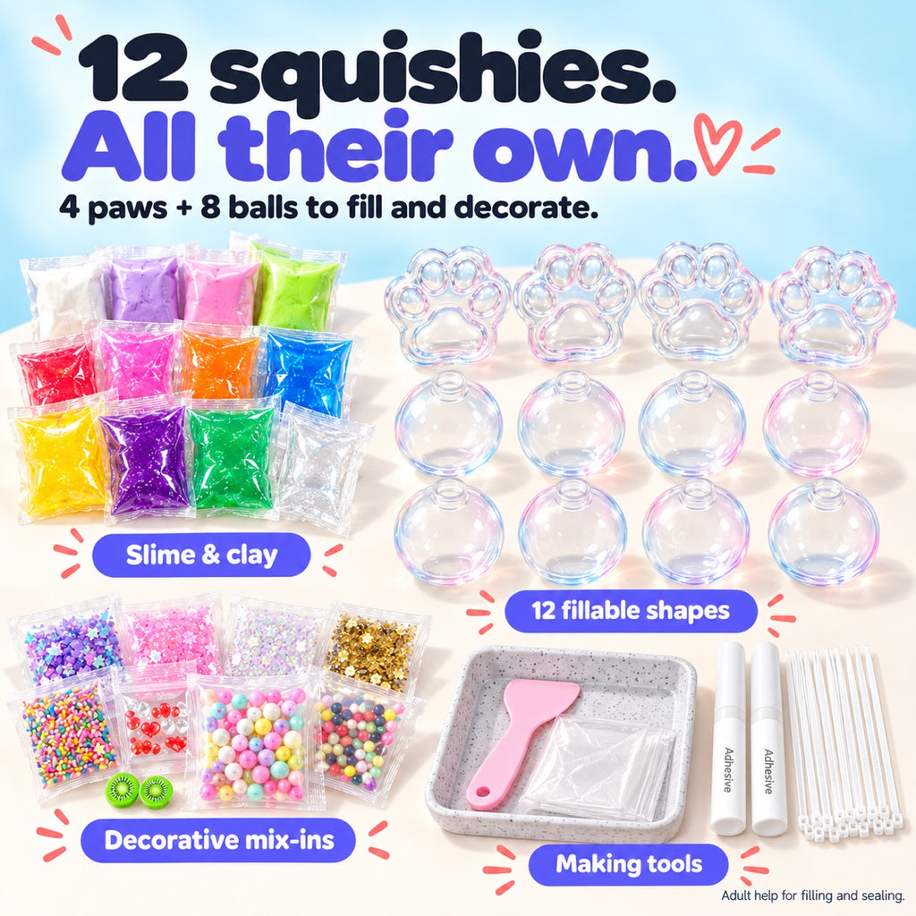 DIY kit with four empty paw skins, eight empty round skins, slime, clay, decorations, tray, spatula, adhesive and ties.