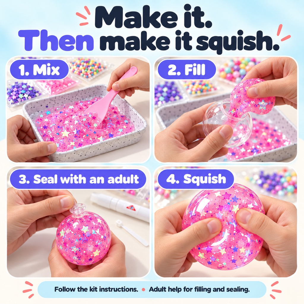 Four illustrated steps for making a squishy: mix slime, fill a skin, seal with an adult, and squeeze the finished ball.