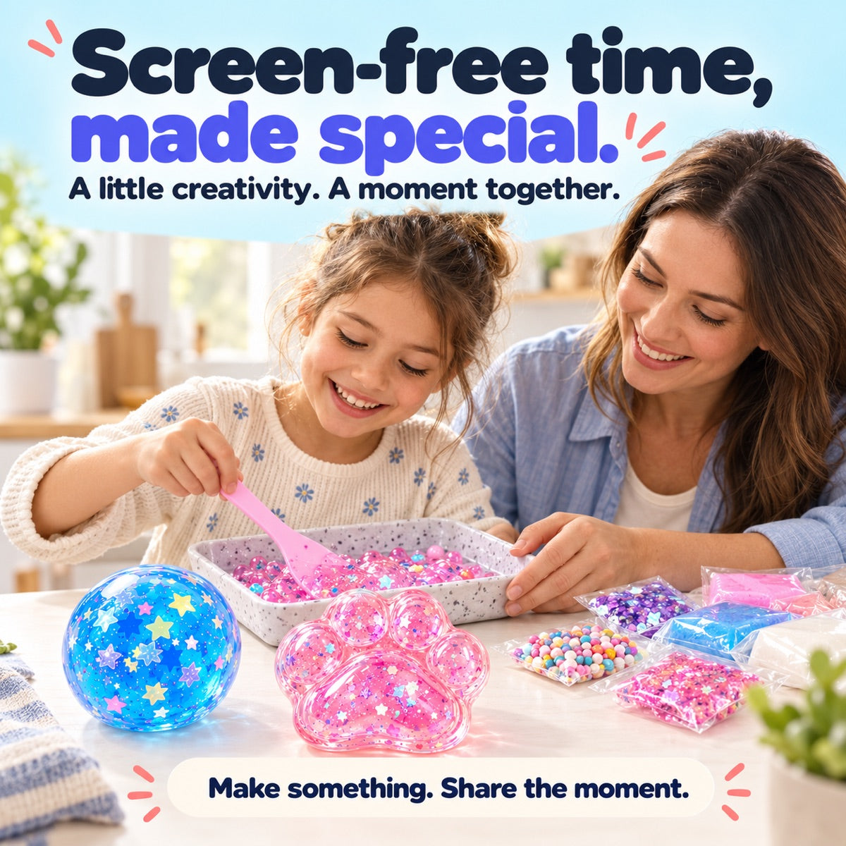 Child and mother mixing pink slime together at a craft table with finished squishies and colorful supplies.