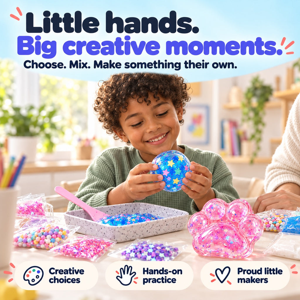 Smiling child holding a handmade blue star squishy above a craft table, with labels for creative choices, hands-on practice and pride.