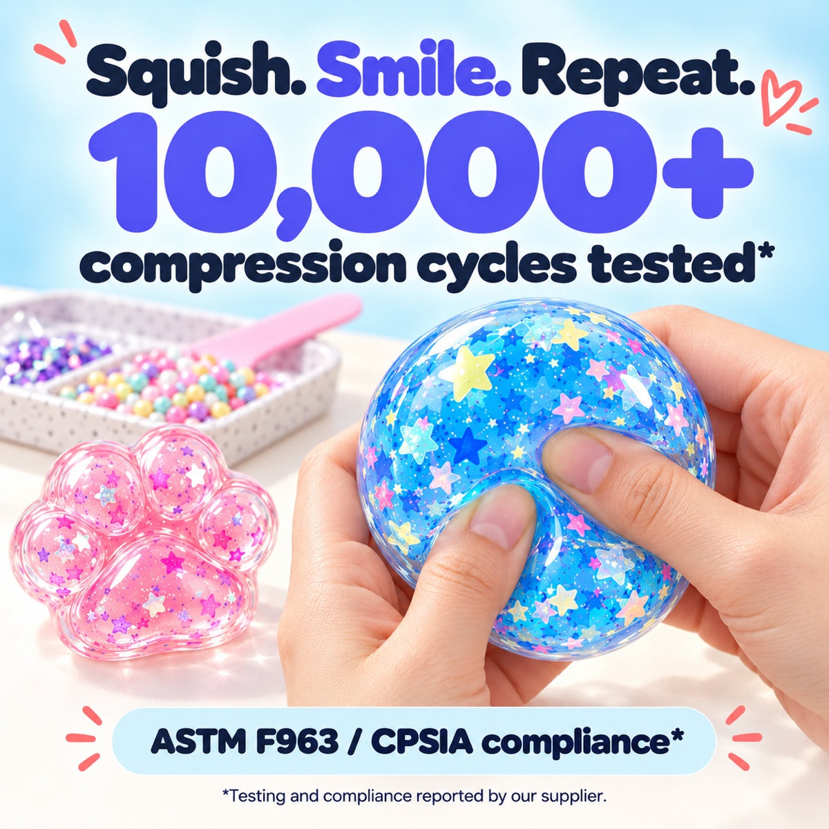 Hands compressing a blue squishy; tested to 10,000-plus squeezes and ASTM F963 / CPSIA compliant.
