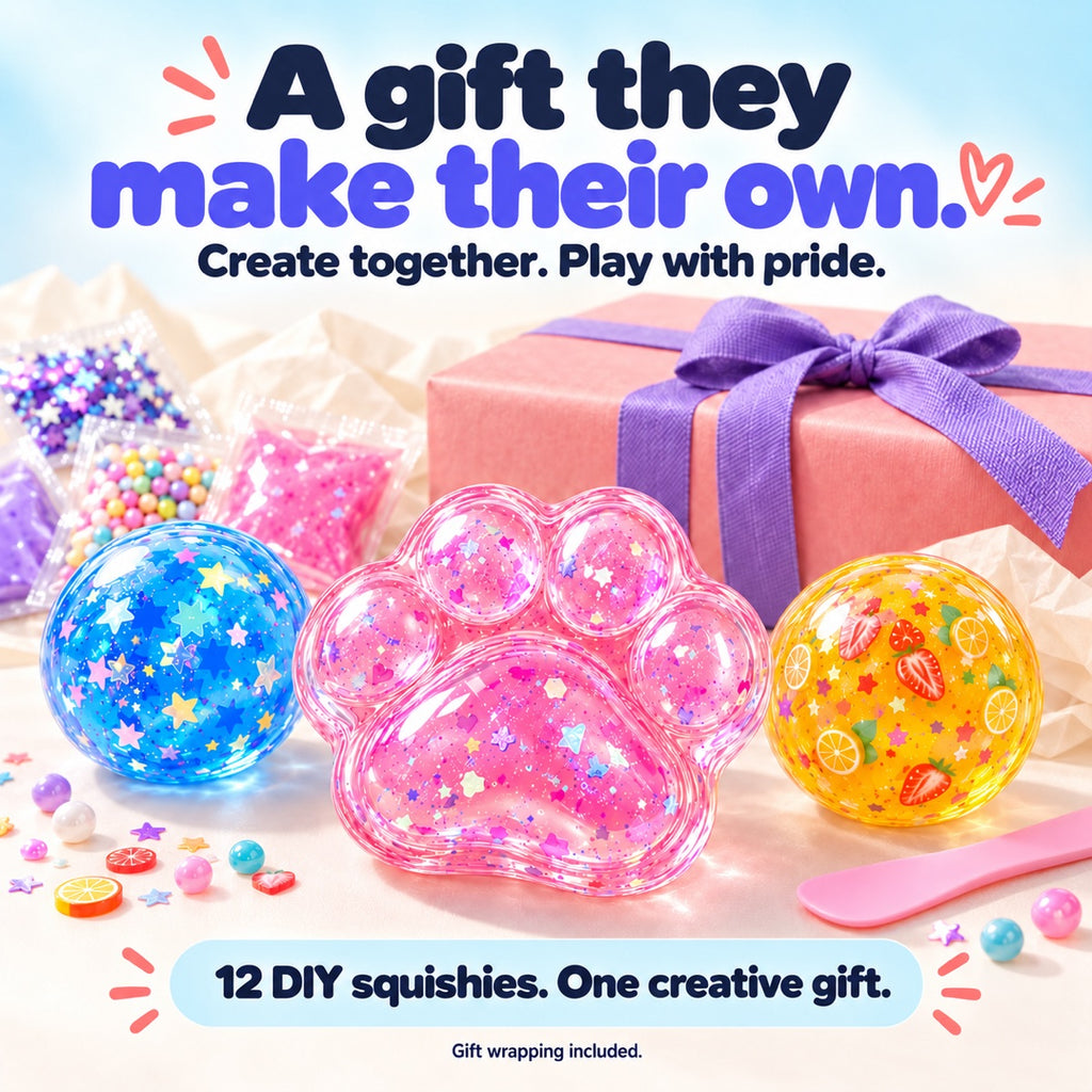 Pink paw, blue star ball and yellow fruit squishy beside a wrapped gift: 12 DIY squishies as one creative gift.